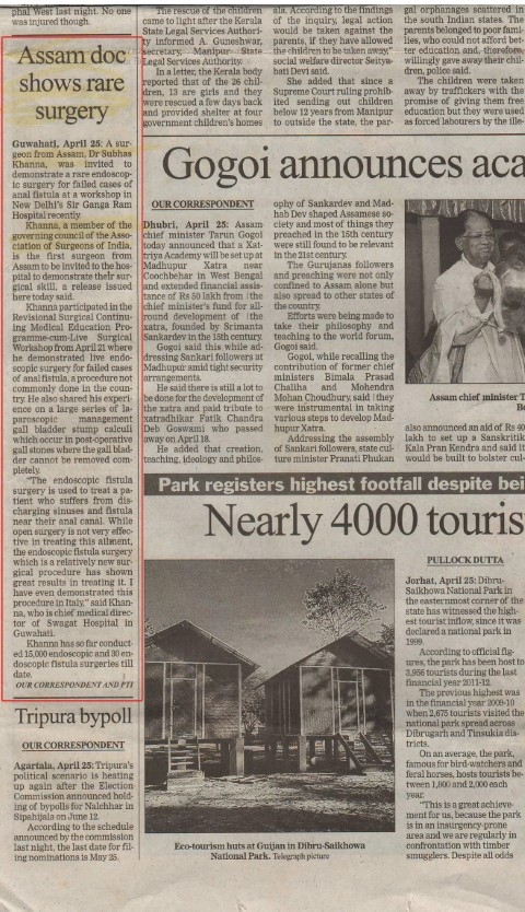 Dr S KHANNA Became First Assamese Who Demonstrates Live Endoscopic Fistula Surgery In Sir Ganga Ram Hospital