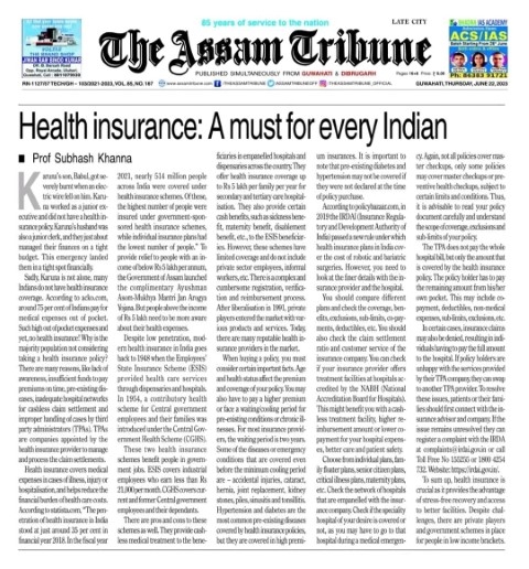 Health Insurance Article on Assam Tribune