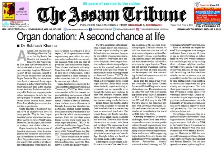 Write up in Todays Assam tribune an effort to bring awareness in the society about organ donation.
